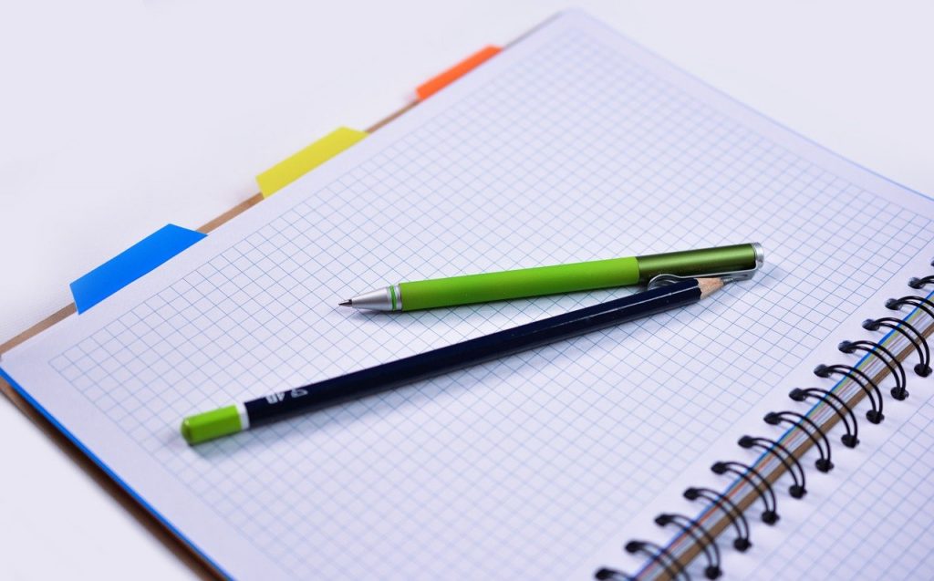 notebook, pen, pencil